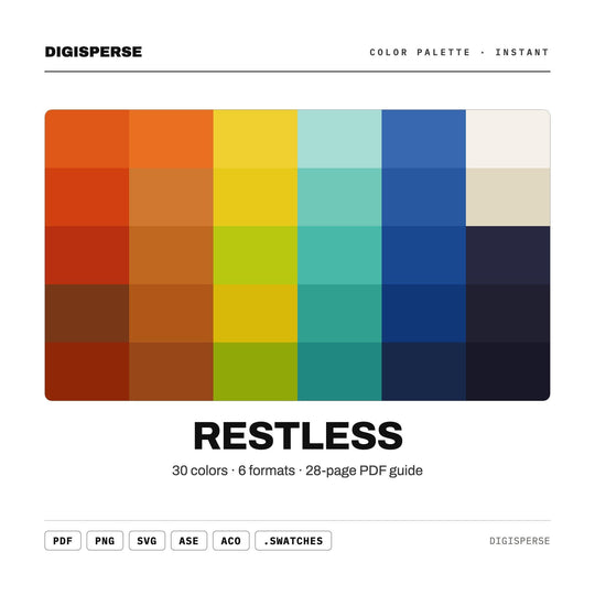 Palette de Couleurs Énergiques et Changeantes pour l'Art Abstrait Expressif et le Branding Audacieux, 30 Teintes de Tension Agitée, Échantillons Procreate, Codes Hexadécimaux