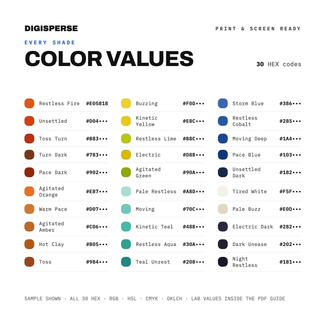 Energetic Moody Color Palette for Expressive Abstract Art and Bold Branding, 30 Restless Tension Hues, Procreate Swatches, Hex Codes