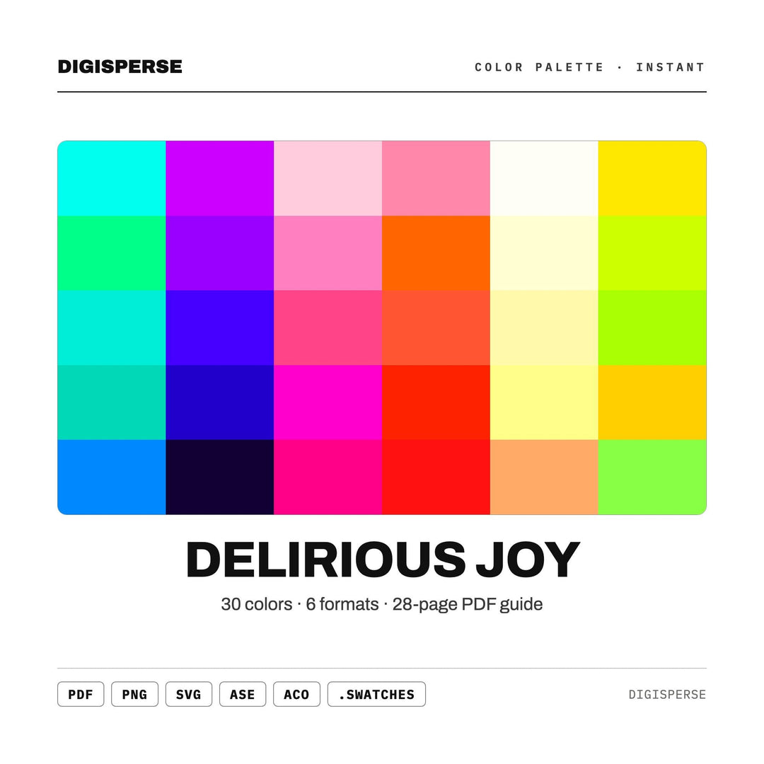 Delirious Joy Color Palette | 30 Colors | Hex RGB CMYK | Color Guide | Procreate Swatches + ASE | Digital Download
