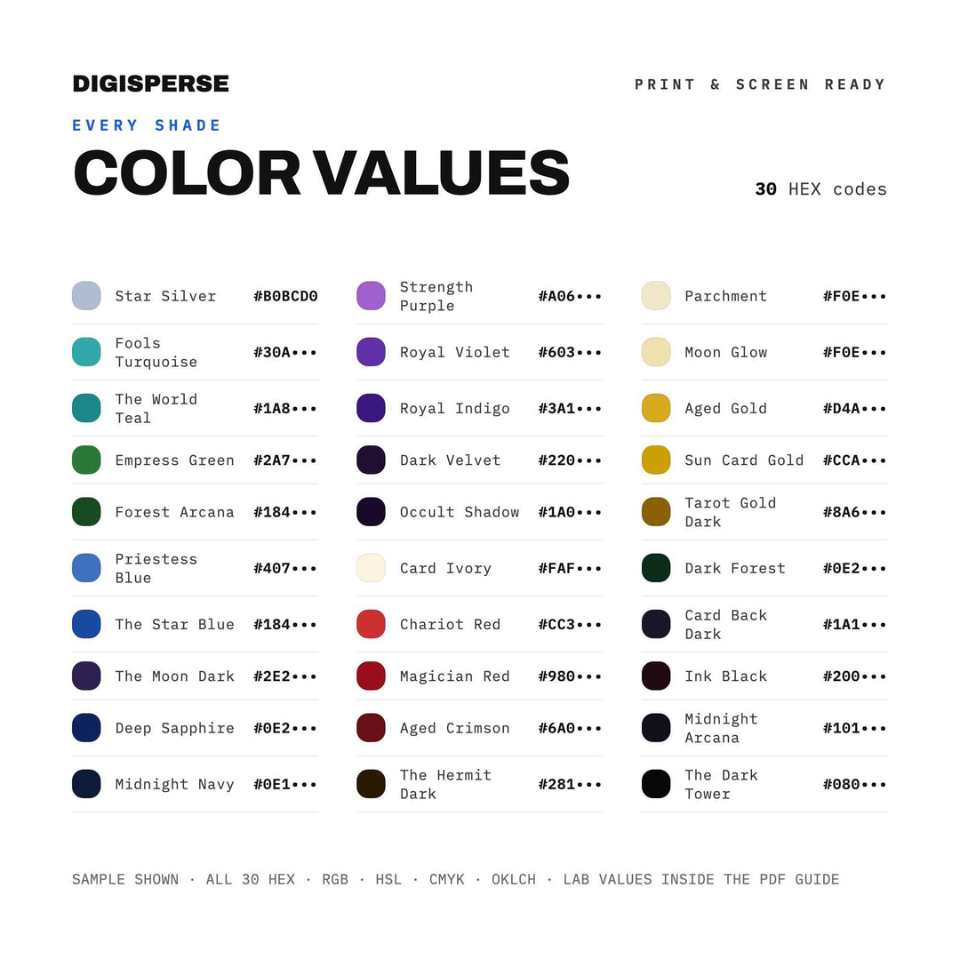 Tarot Card Spread Color Palette | 30 Mystical Colors (Digital Download)