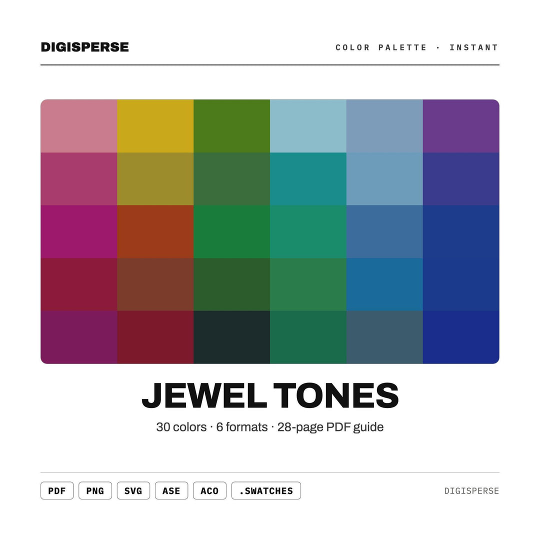Jewel Tones Color Palette | 30 Procreate Swatches, HEX RGB CMYK Guide (Digital Download)