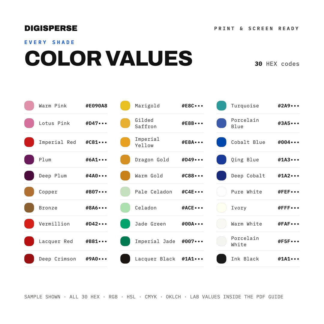 Qing Dynasty Color Palette | 30 Colors | Hex RGB CMYK | Color Guide | Procreate Swatches + ASE | Digital Download