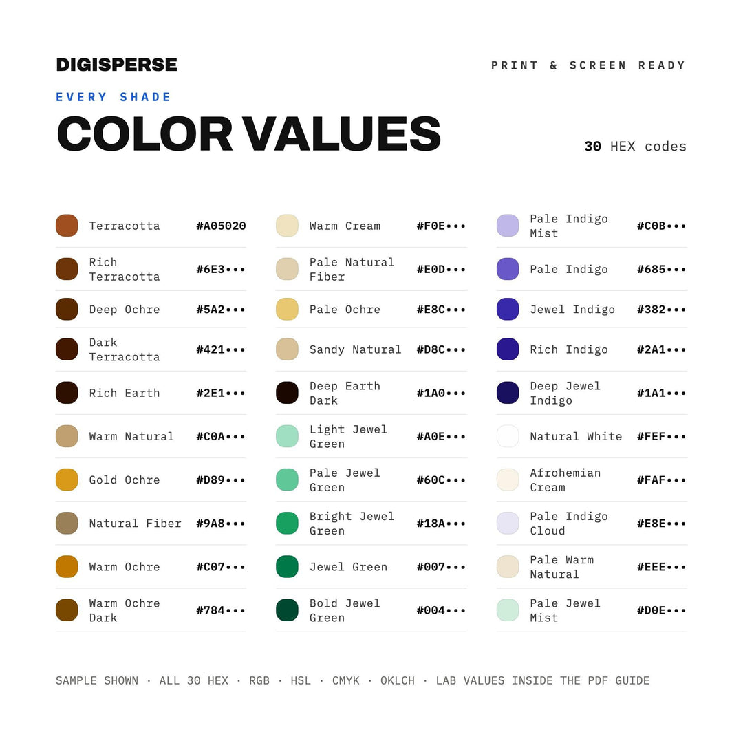 Rich Earthy Color Palette for Boho African Art and Eclectic Home Branding, 30 Afrohemian Hues, Procreate Swatches