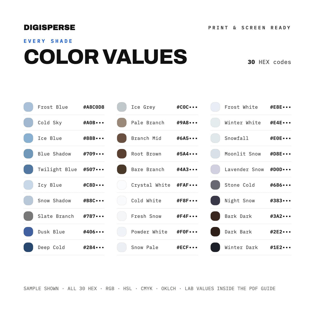First Snow Color Palette | 30 Colors | Hex RGB CMYK | Color Guide | Procreate Swatches + ASE | Digital Download