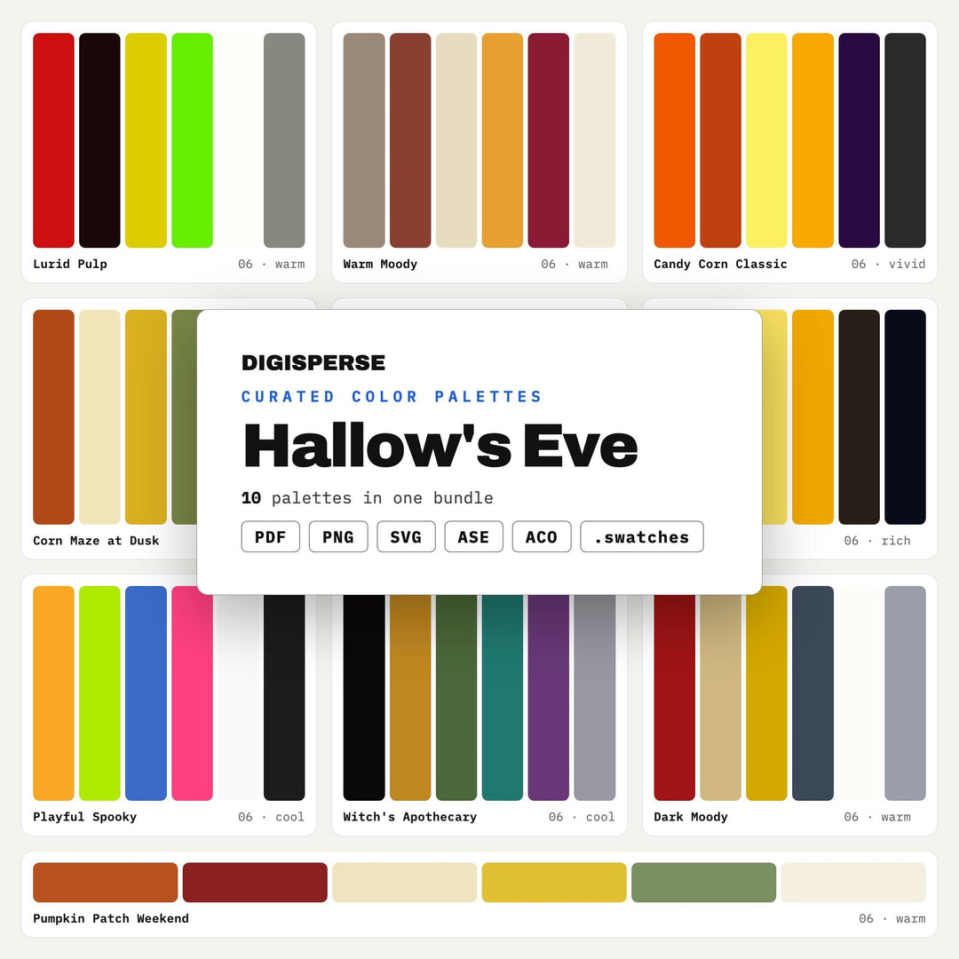 Halloween Color Palette Collection, 10 Hallows Eve Spooky Schemes for Party Invites, Trick or Treat Decor and Gothic Craft Design