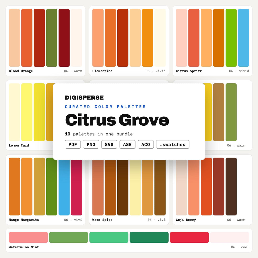 Citrus Color Palette Collection, 10 Grove Fresh Schemes for Summer Drink Menus, Juice Brand Design and Tropical Kitchen Decor