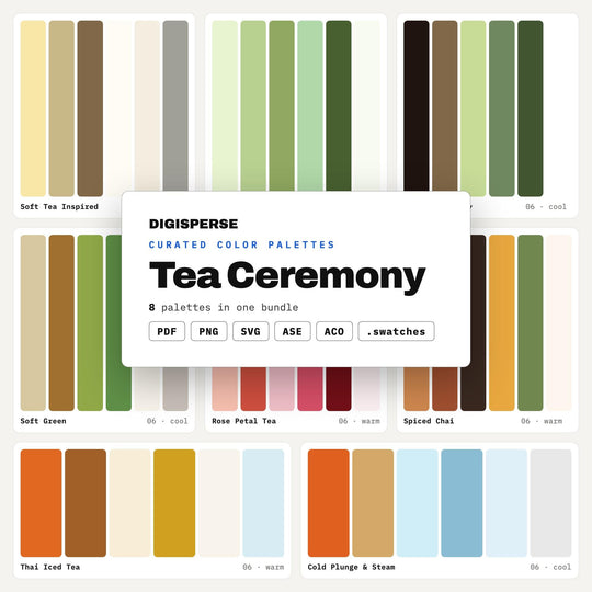 Collection de palettes de couleurs "Thé", 8 palettes calmes pour l'image de marque de maisons de thé, la décoration de studios de bien-être et la papeterie consciente