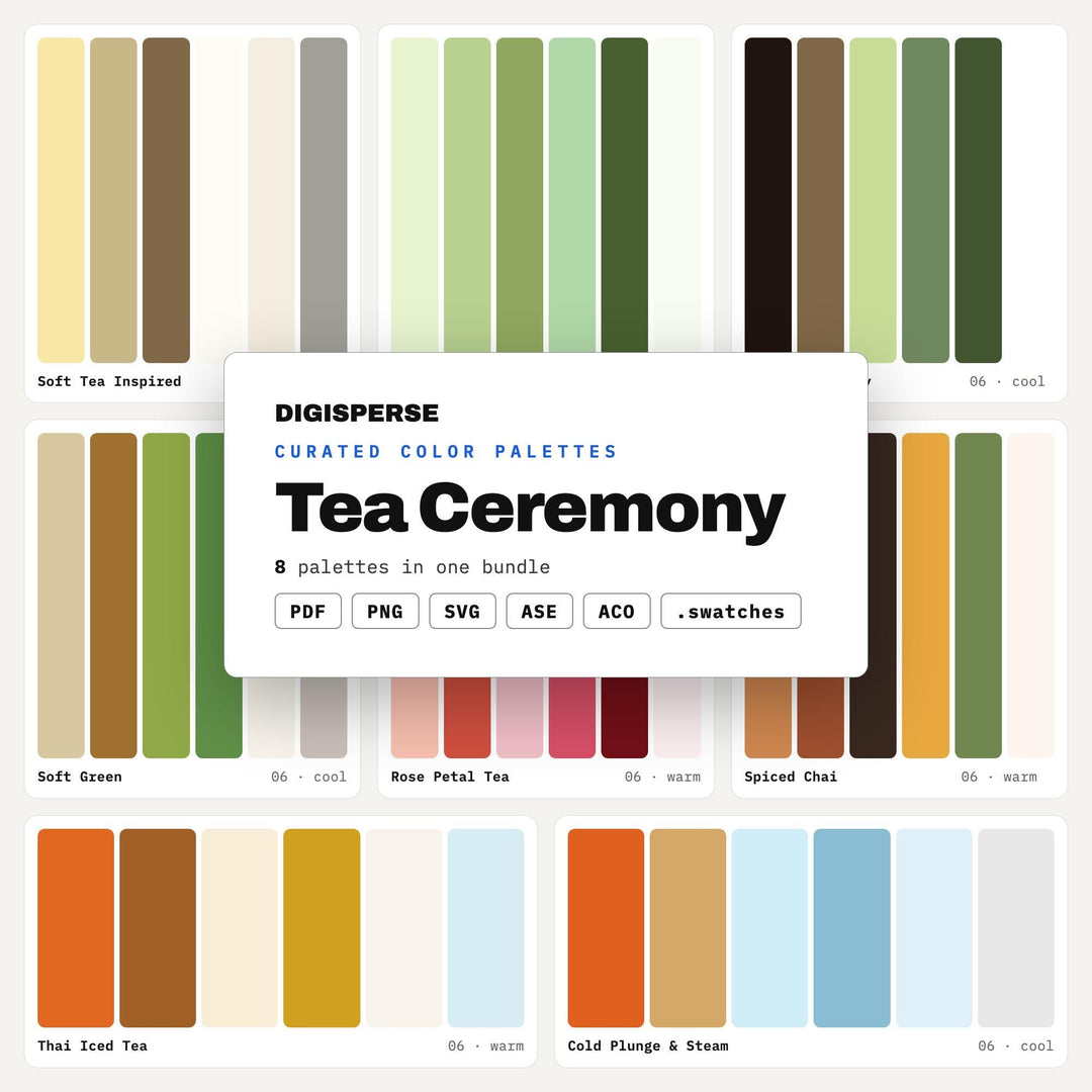 Tea Color Scheme Collection, 8 Ceremony Calm Palettes for Tea House Branding, Wellness Studio Decor and Mindful Stationery