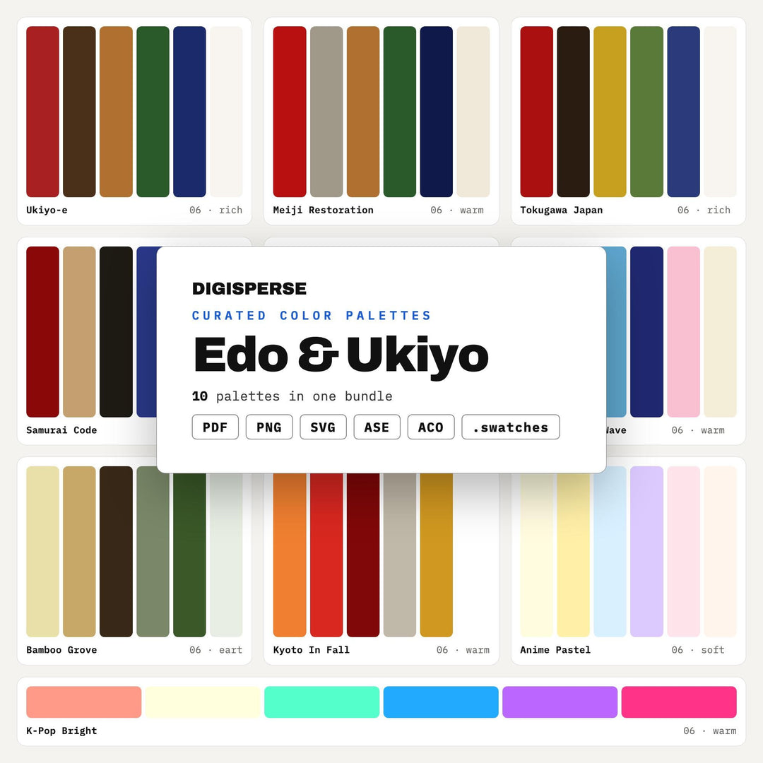 Japanese Woodblock Color Set, 10 Edo and Ukiyo Palettes for Print Artists, Anime Backgrounds and Zen Interior Moodboards