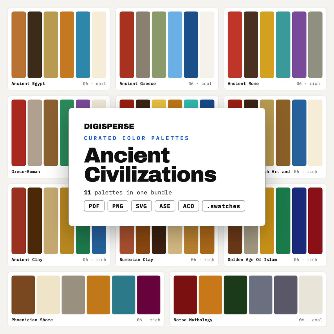 Ancient History Color Palette Kit, 11 Civilization Schemes for Museum Displays, Archaeology Blogs and Educational Design
