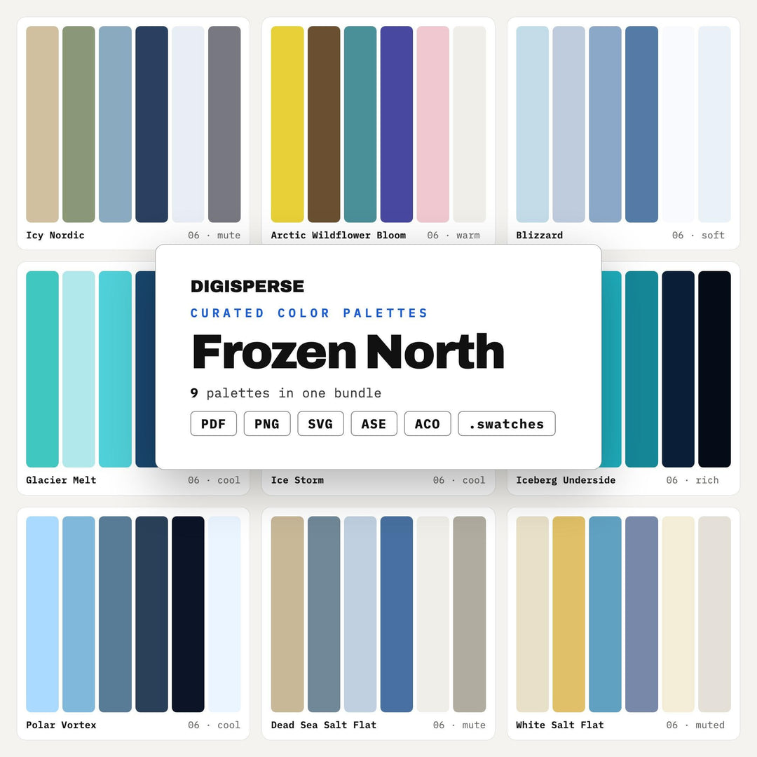 Arctic Color Palette Collection, 9 Frozen North Schemes for Winter Branding, Polar Wildlife Art and Ice Hotel Event Design