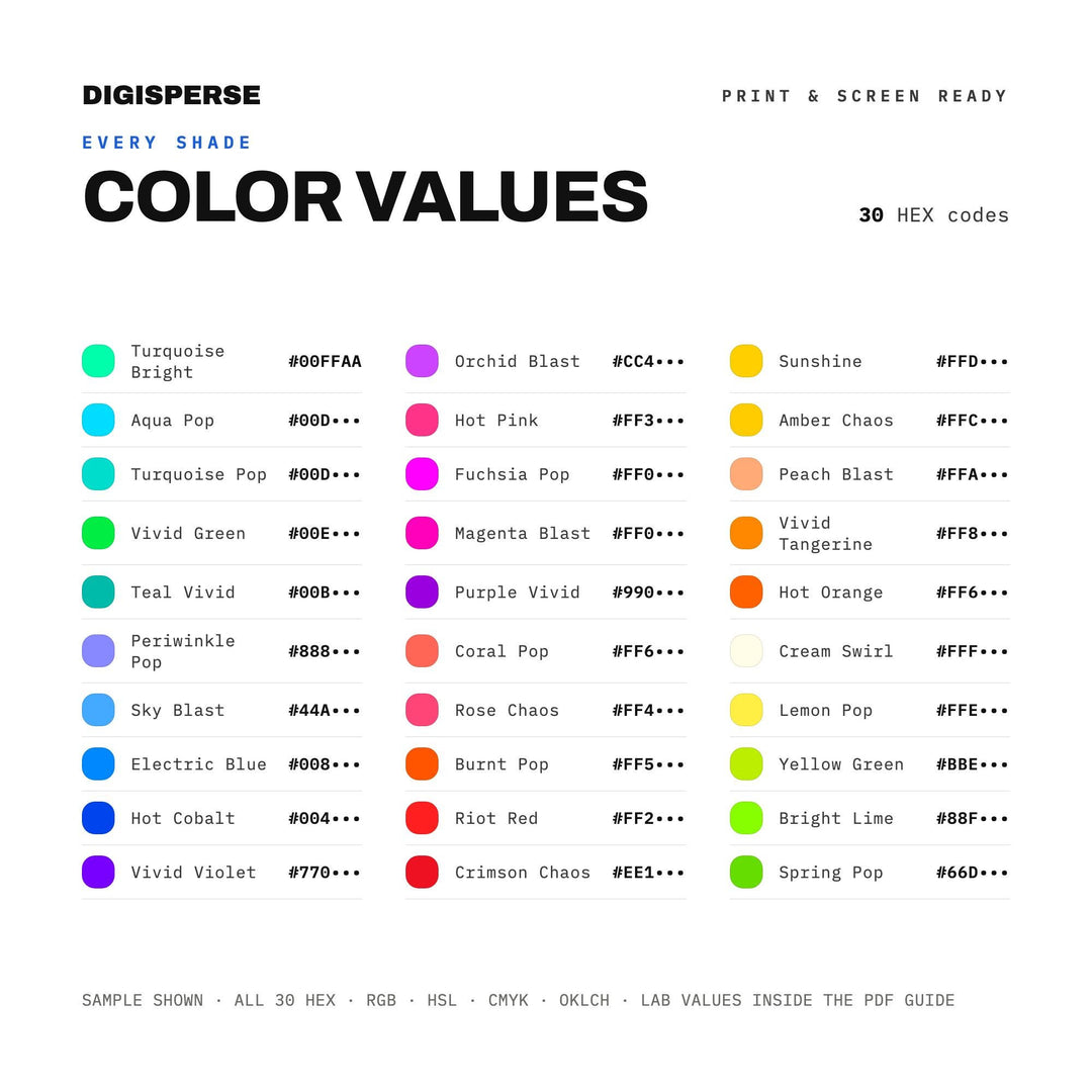 Joyful Chaos Color Palette | 30 Colors | Hex RGB CMYK | Color Guide | Procreate Swatches + ASE | Digital Download