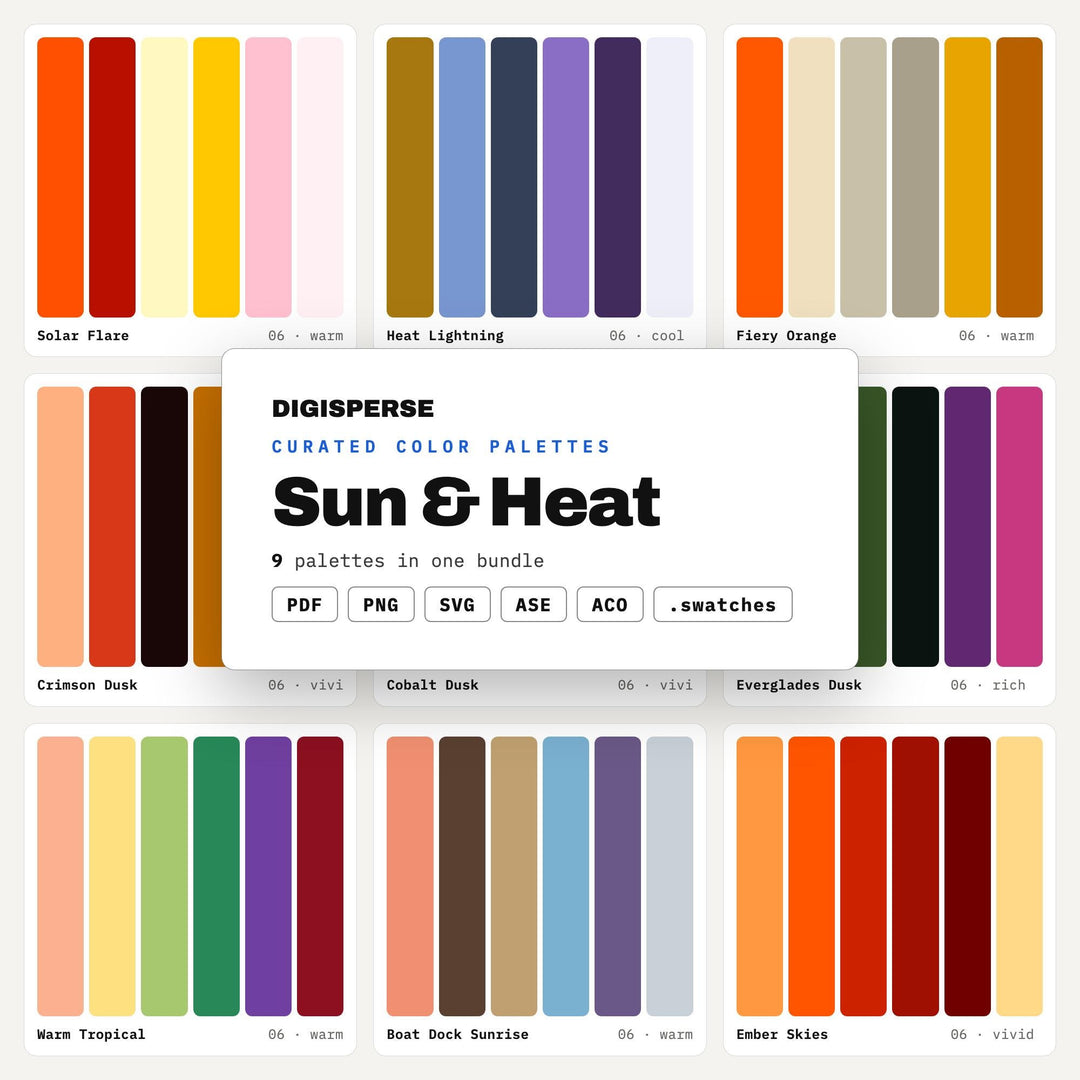 Desert Sun Color Palette Pack, 9 Heatwave Schemes for Summer Campaigns, Hot Sauce Labels and Bold Festival Poster Design