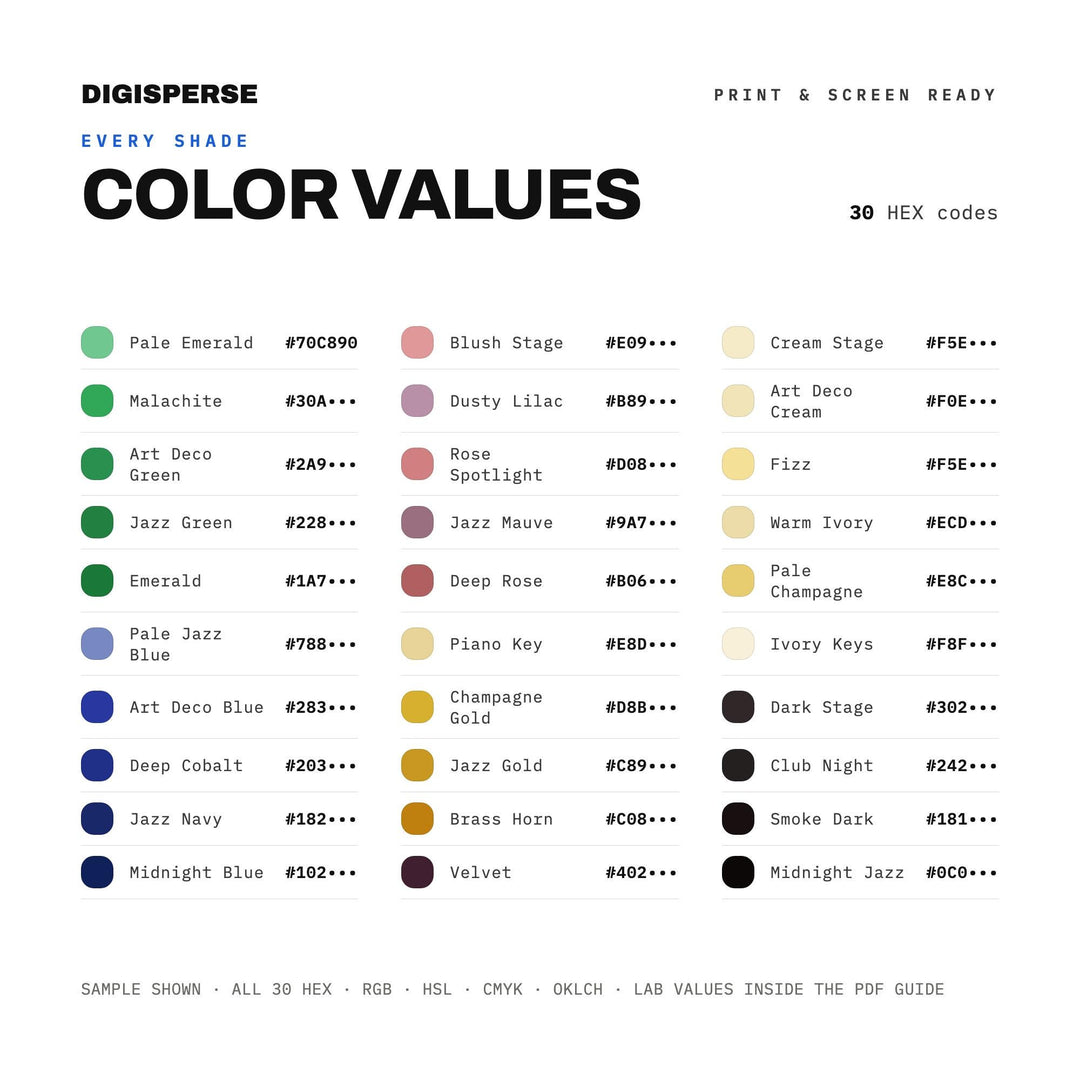 Jazz Age Color Palette | 30 Colors | Hex RGB CMYK | Color Guide | Procreate Swatches + ASE | Digital Download