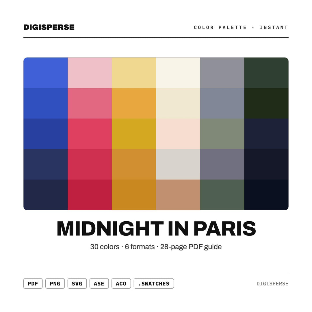 Midnight In Paris Color Palette | 30 Colors, Hex, RGB, CMYK (Digital Download)
