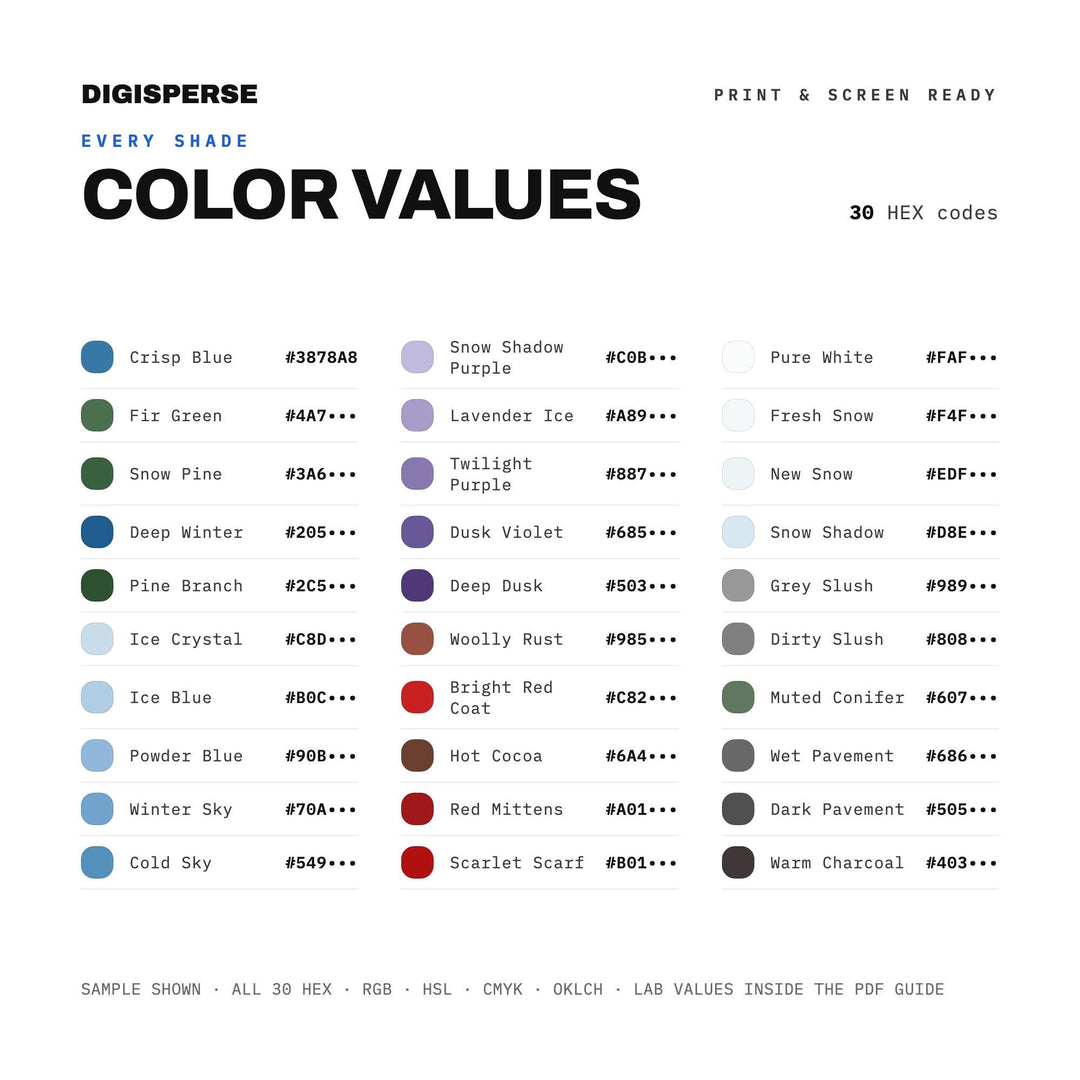 Snow Day Color Palette | 30 Colors | Hex RGB CMYK | Procreate Swatches + ASE | Digital Download