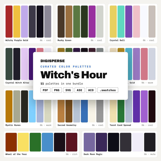 Lot de palettes de couleurs « Witchy », 11 thèmes « Midnight Hour » pour la conception de jeux de tarot, le branding mystique et la décoration de chambre « Dark Academia »