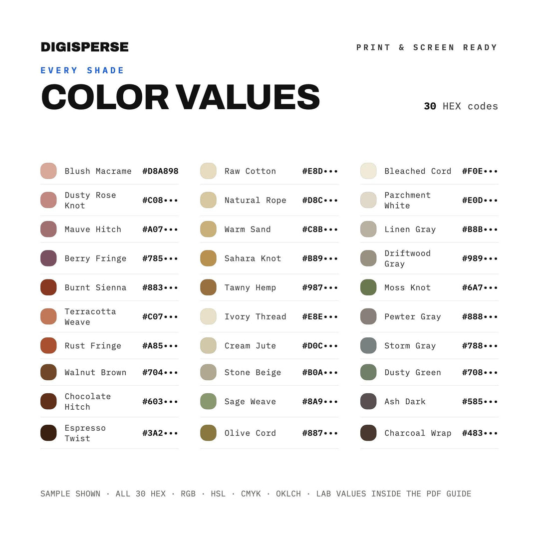 Macrame Studio Color Palette | 30 Colors | Hex RGB CMYK | Procreate Swatches + ASE | Digital Download