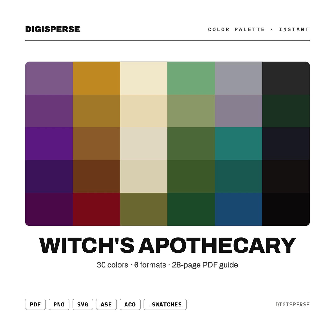 Witch's Apothecary Color Palette | 30 Colors | Hex RGB CMYK | Procreate Swatches + ASE | Digital Download