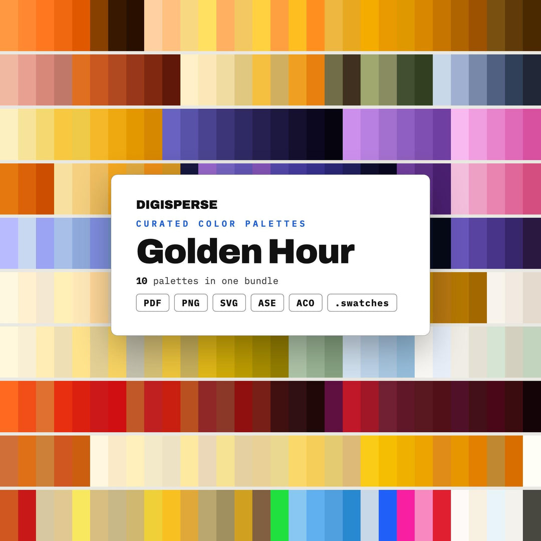 Golden Hour Color Palette Pack, 10 Warm Sunset Color Schemes for Photographers, Autumn Wedding Boards & Cozy Brand Styling