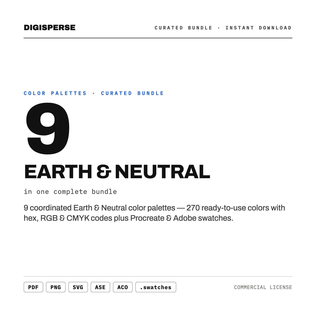 Earth Tone Color Chart Collection, 9 Natural & Neutral Palettes for Boho Branding, Nursery Decor Planning and Organic Packaging Design