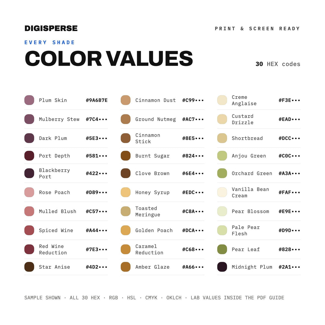 Poached Pear Color Palette | 30 Colors | Hex RGB CMYK | Procreate Swatches + ASE | Digital Download