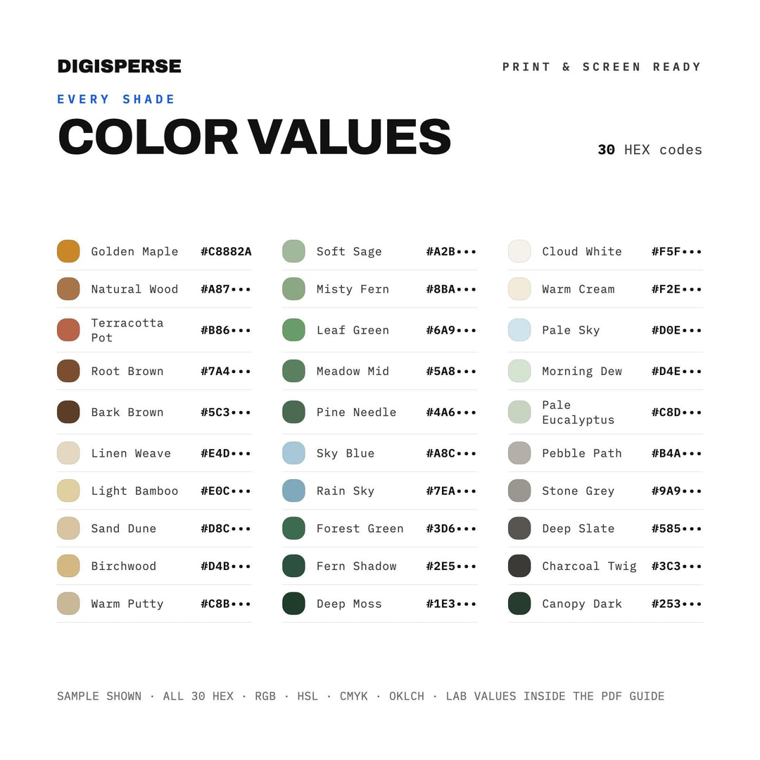 Biophilic Workspace Color Palette | 30 Colors | Hex RGB CMYK | Procreate Swatches + ASE | Digital Download