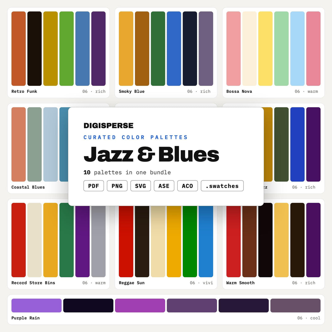 Jazz Club Color Scheme Collection, 10 Blues Lounge Palettes for Music Posters, Vinyl Cover Art and Smoky Bar Interiors