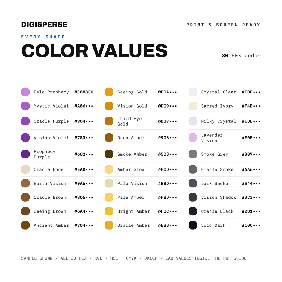 Oracle Color Palette | 30 Colors | Hex RGB CMYK | Color Guide | Procreate Swatches + ASE | Digital Download