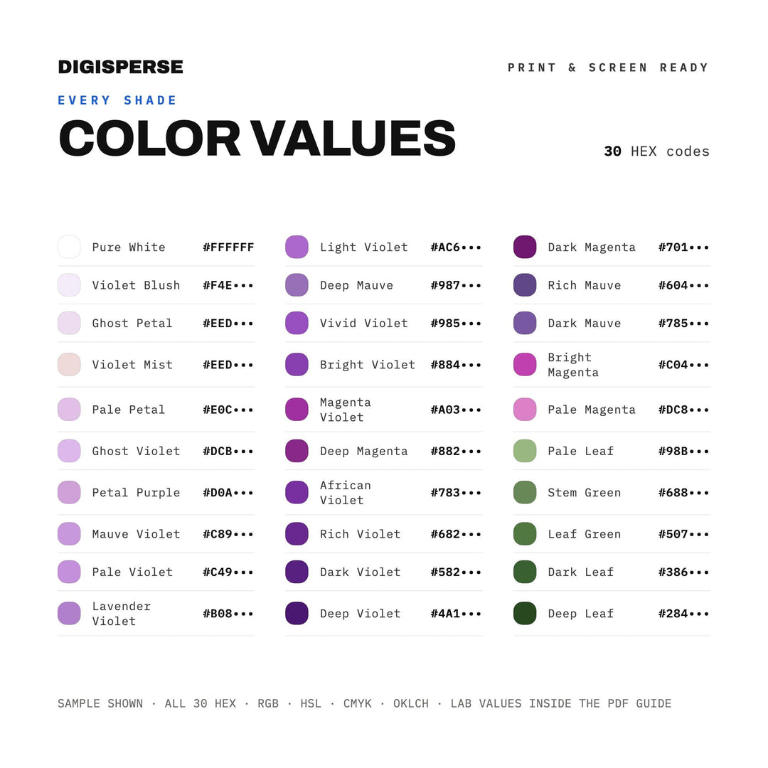 African Violet Color Palette | 30 Procreate Swatches, HEX, RGB, CMYK (Digital Download)