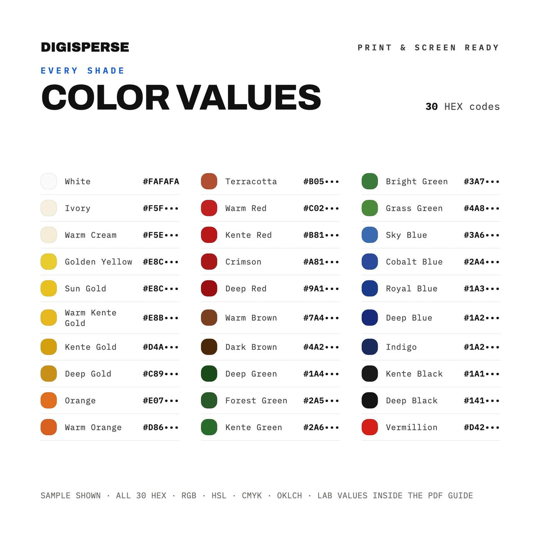 West African Textile Color Palette | 30 Colors | Hex RGB CMYK | Color Guide | Procreate Swatches + ASE | Digital Download