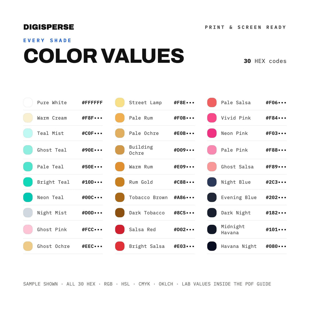 Havana Nights Color Palette | 30 Procreate Swatches, HEX, RGB, CMYK (Digital Download)