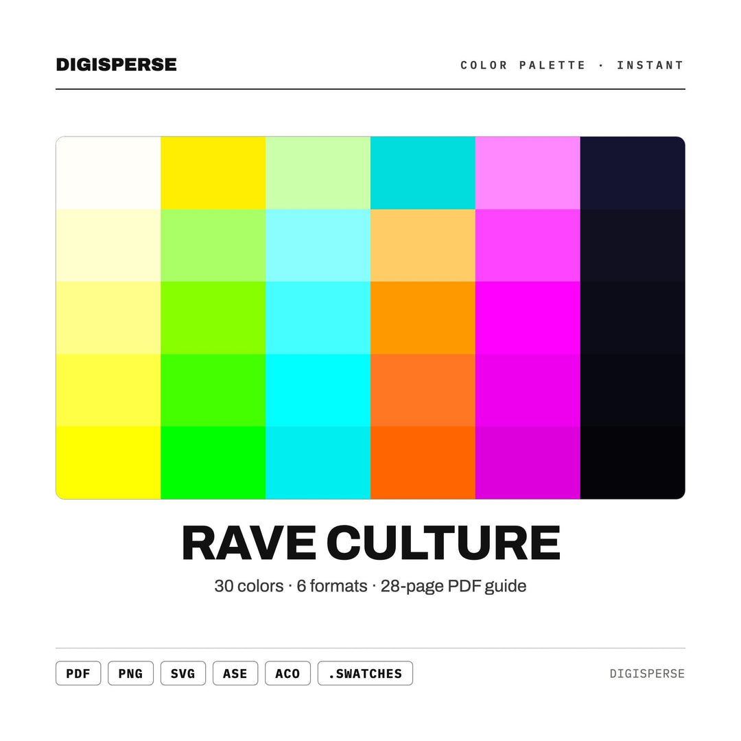 Rave Culture Color Palette | 30 Colors | Hex RGB CMYK | Color Guide | Procreate Swatches + ASE | Digital Download