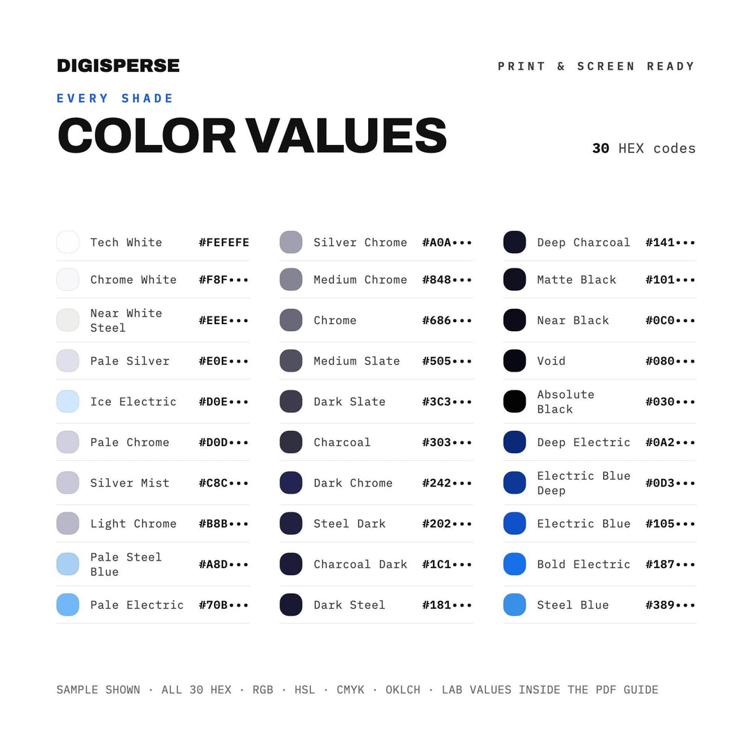 Tech Noir Color Palette | 30 Colors | Hex RGB CMYK | Procreate Swatches + ASE | Digital Download