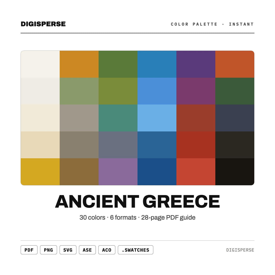 Ancient Greece Color Palette | 30 Colors | Hex RGB CMYK | Color Guide | Procreate Swatches + ASE | Digital Download