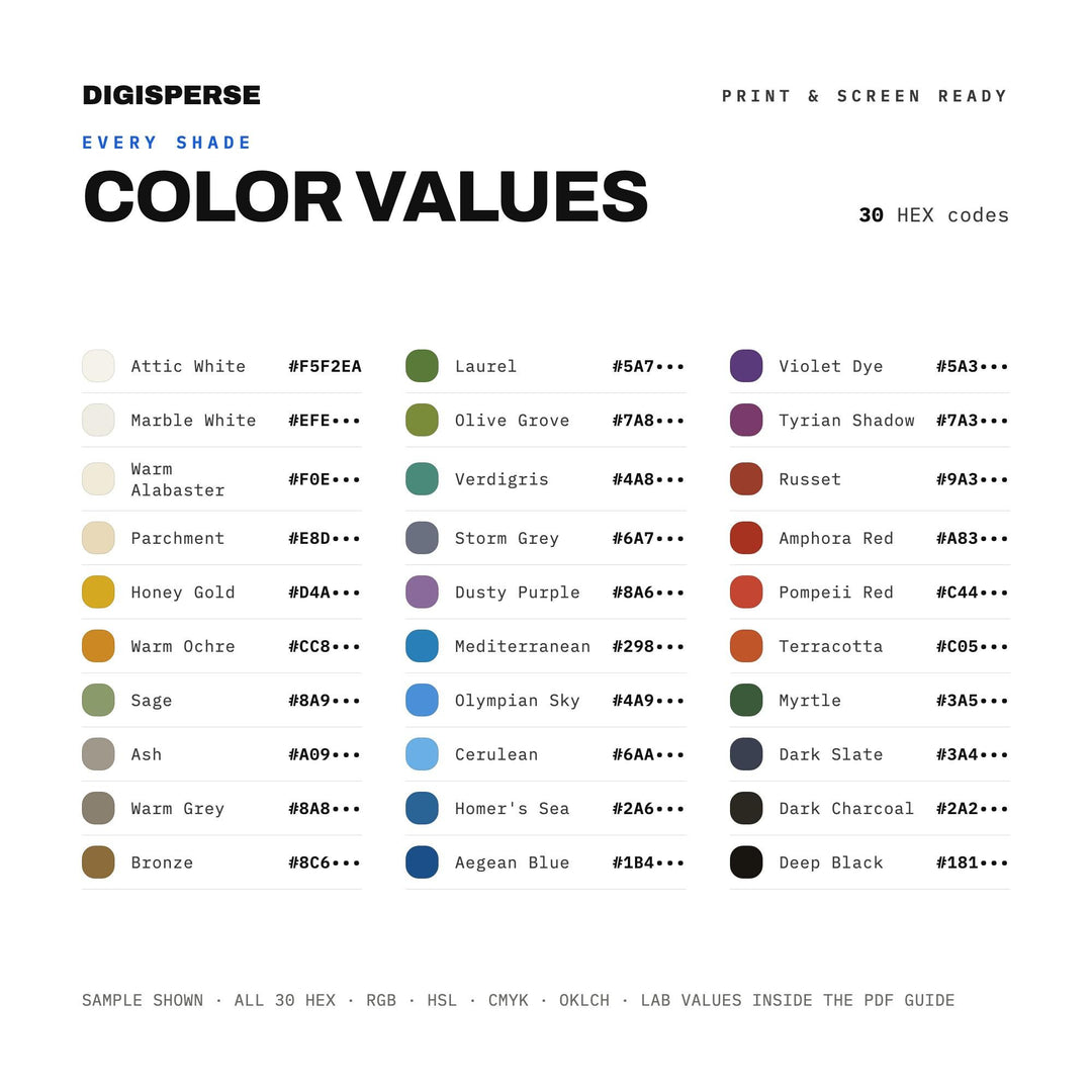 Ancient Greece Color Palette | 30 Colors | Hex RGB CMYK | Color Guide | Procreate Swatches + ASE | Digital Download
