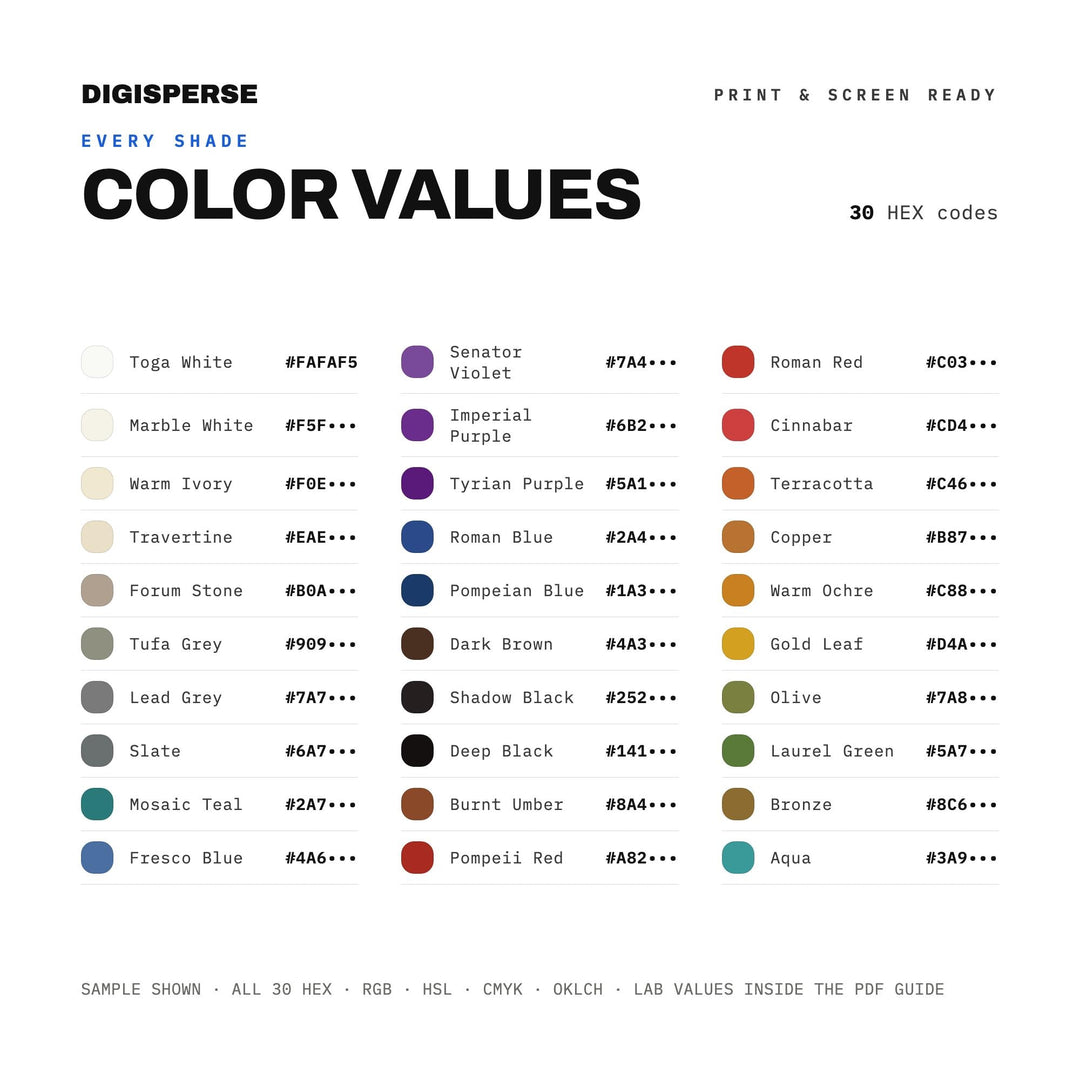 Ancient Rome Color Palette | 30 Colors | Hex RGB CMYK | Color Guide | Procreate Swatches + ASE | Digital Download