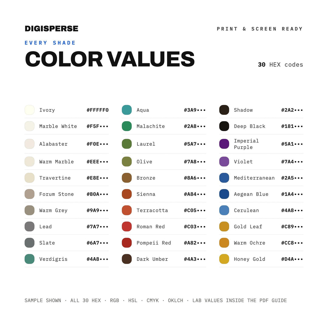 Greco-Roman Color Palette | 30 Colors, Hex, RGB, CMYK (Digital Download)