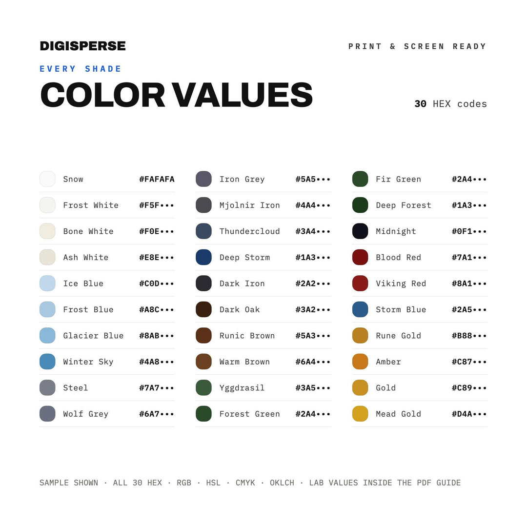 Norse Mythology Color Palette | 30 Colors | Hex RGB CMYK | Color Guide | Procreate Swatches + ASE | Digital Download