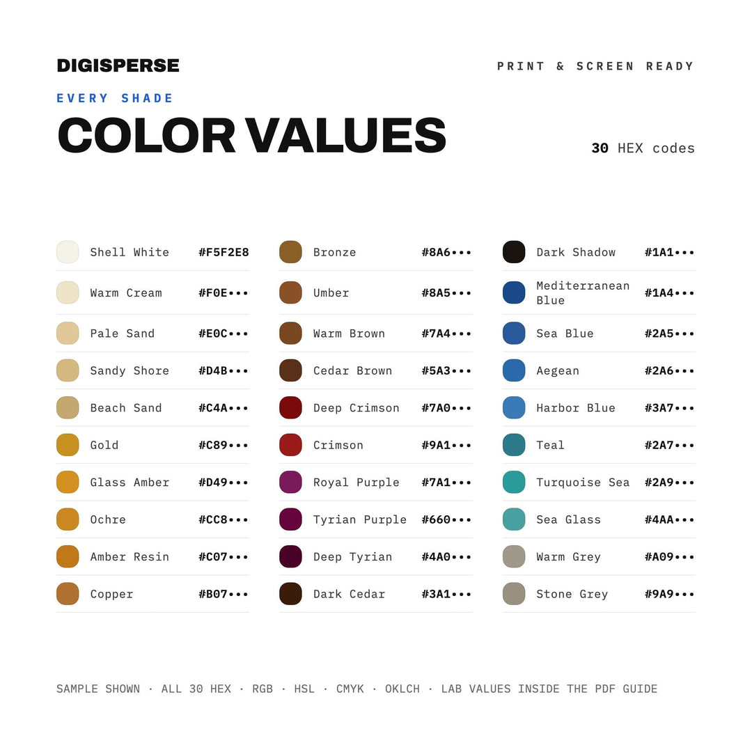 Phoenician Shore Color Palette | 30 Procreate Swatches, ASE, PDF Guide (Digital Download)