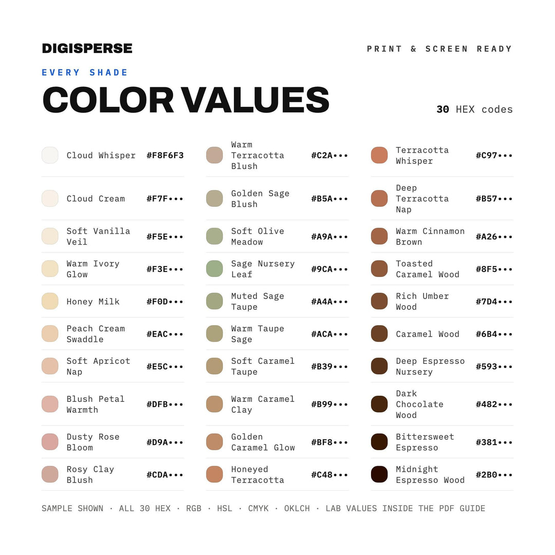 Nursery Color Palette | Golden Hour Warm Neutral | 30 Colors | Hex RGB Procreate