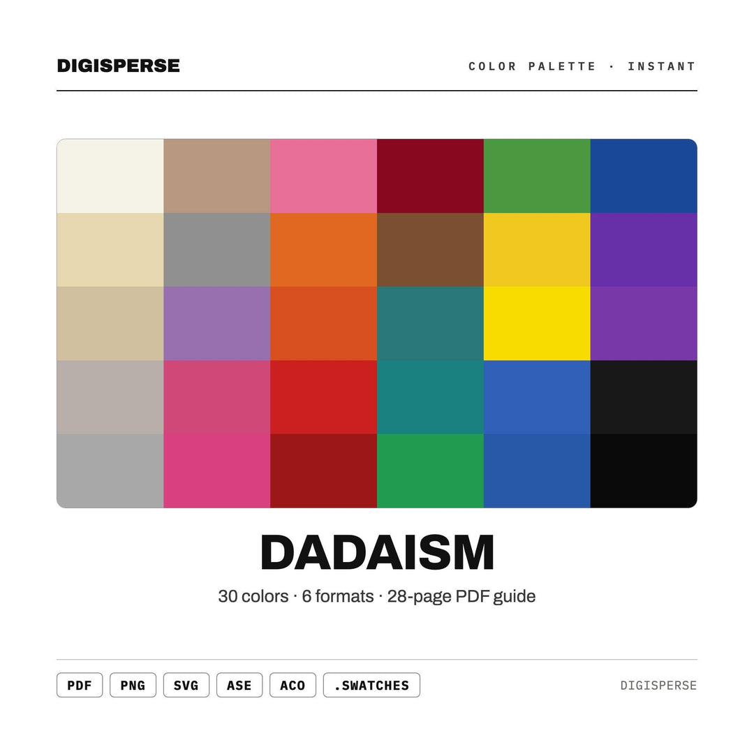 Absurd Collage Color Palette for Anti Art Zine Design and Punk Branding, 30 Dada Chaos Hues, Procreate Swatches, Hex Codes