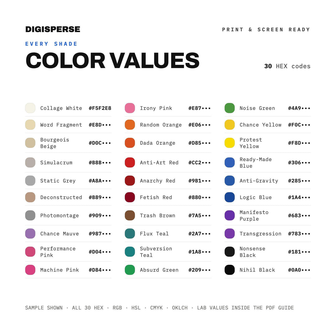Absurd Collage Color Palette for Anti Art Zine Design and Punk Branding, 30 Dada Chaos Hues, Procreate Swatches, Hex Codes