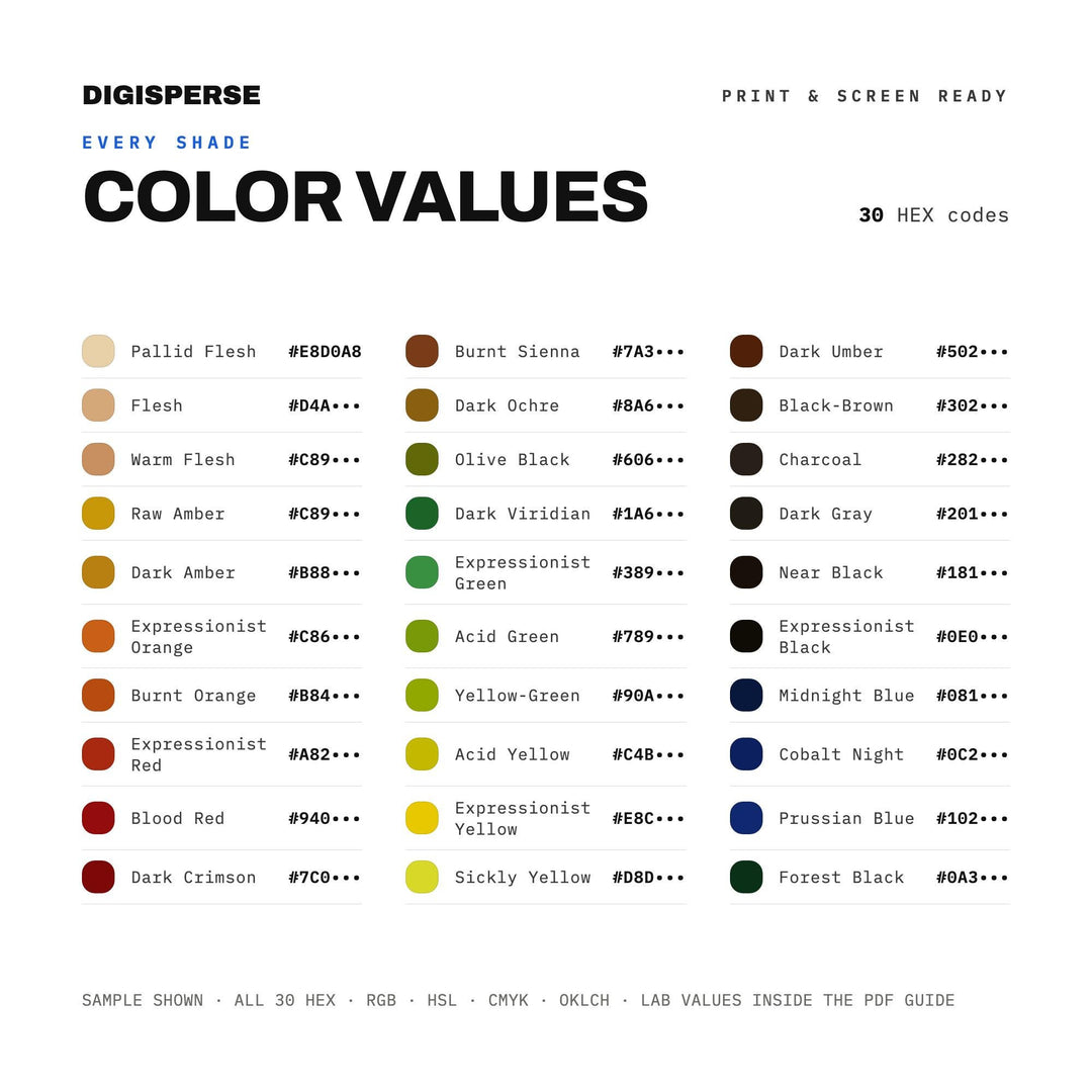 Bold Emotional Color Palette for Expressive Modern Art and Gallery Branding, 30 Expressionist Hues, Procreate Swatches, Hex Codes