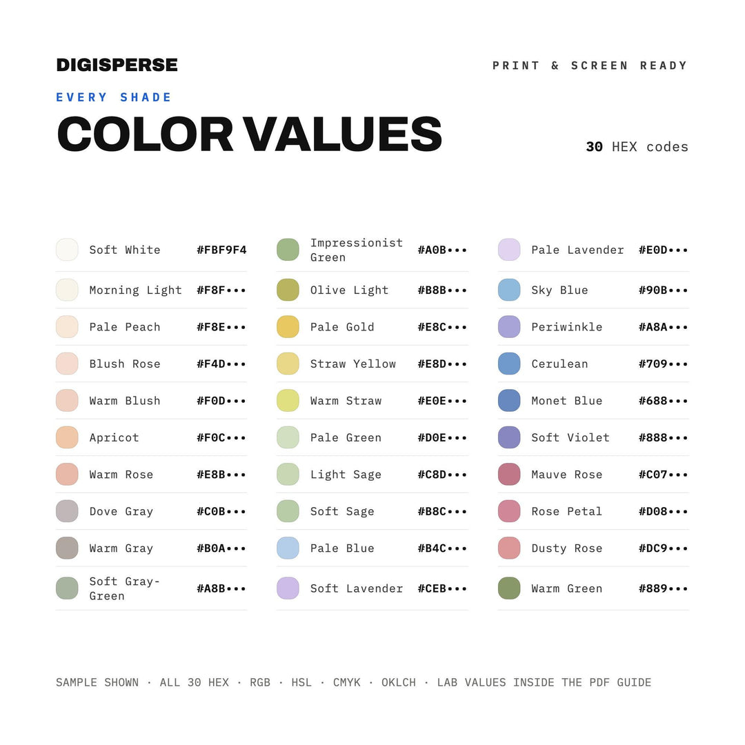 Soft Painterly Color Palette for Monet Garden Art and Gallery Branding, 30 Impressionist Hues, Procreate Swatches, Hex Codes