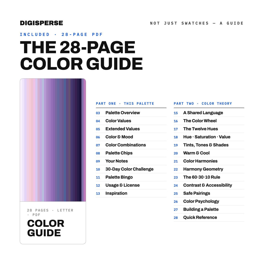 Lavender Twilight Color Palette | 30 Colors | Hex RGB CMYK | Color Guide | Procreate Swatches + ASE | Digital Download