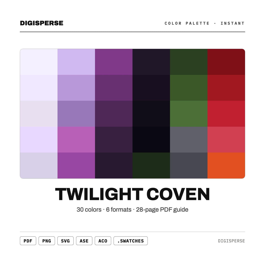 Twilight Coven Color Palette | 30 Colors | Hex RGB CMYK | Color Guide | Procreate Swatches + ASE | Digital Download