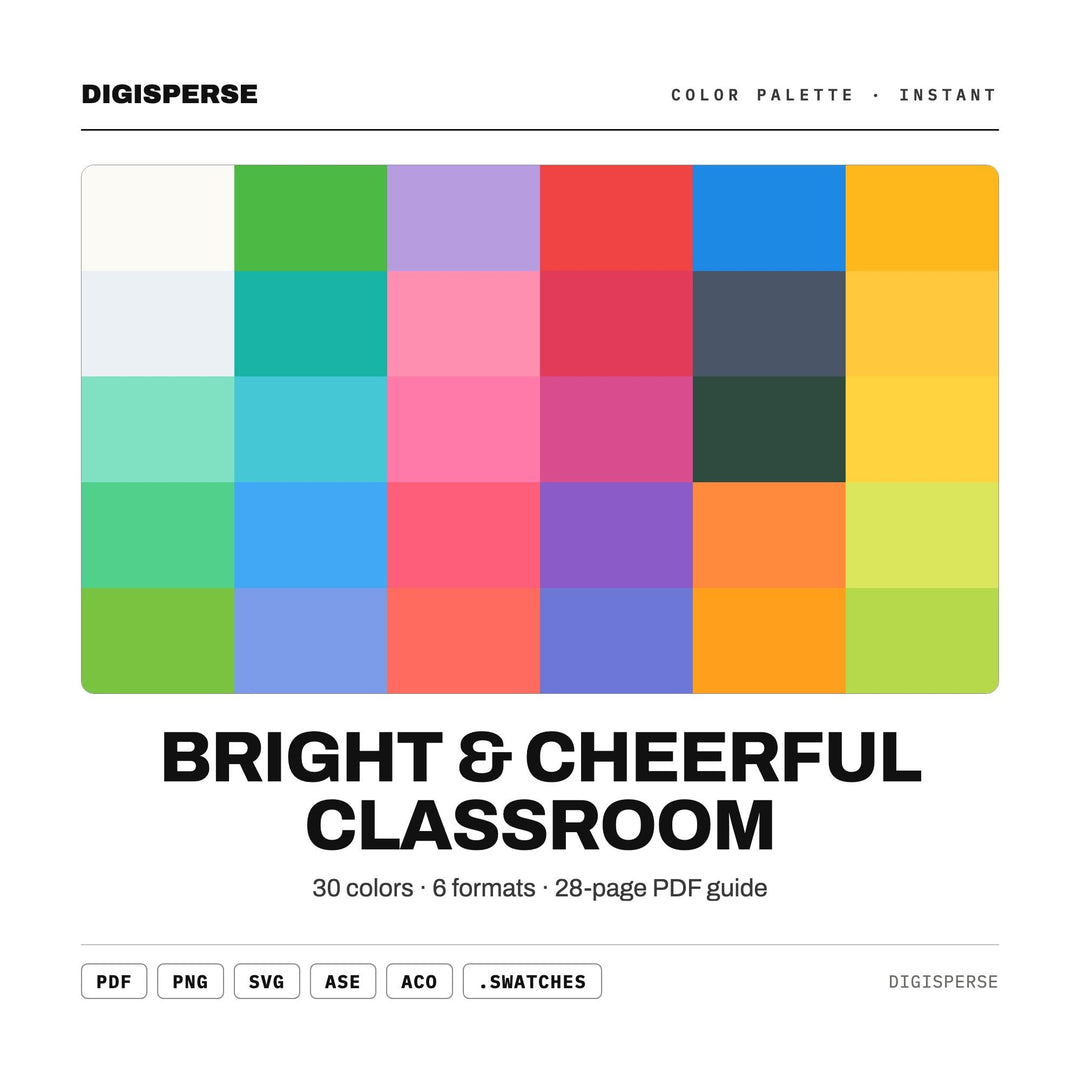 Bright & Cheerful Classroom Color Palette | 30 Colors | Hex RGB CMYK | Color Guide | Procreate Swatches + ASE | Digital Download