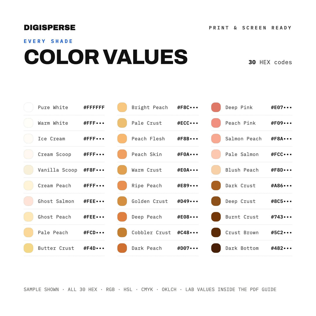 Peach Cobbler Color Palette | 30 Colors | Hex RGB CMYK | Color Guide | Procreate Swatches + ASE | Digital Download