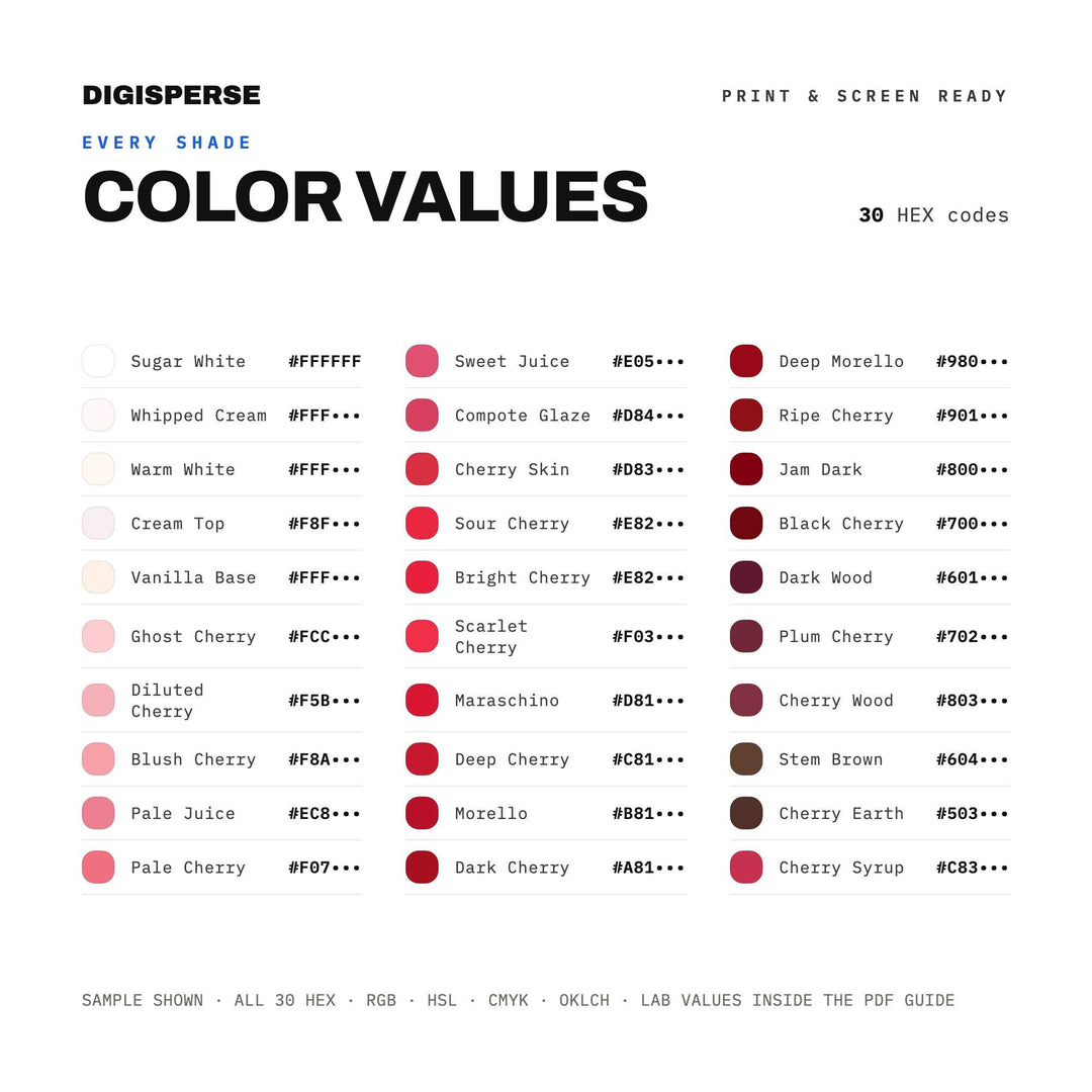 Cherry Compote Color Palette | 30 Colors | Hex RGB CMYK | Color Guide | Procreate Swatches + ASE | Digital Download